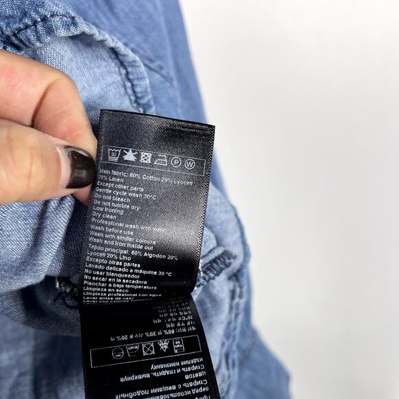 ba&sh Womens Large Blue Pearl Snap Western Denim Shirt Long Sleeve Cotton Linen - Picture 10 of 10